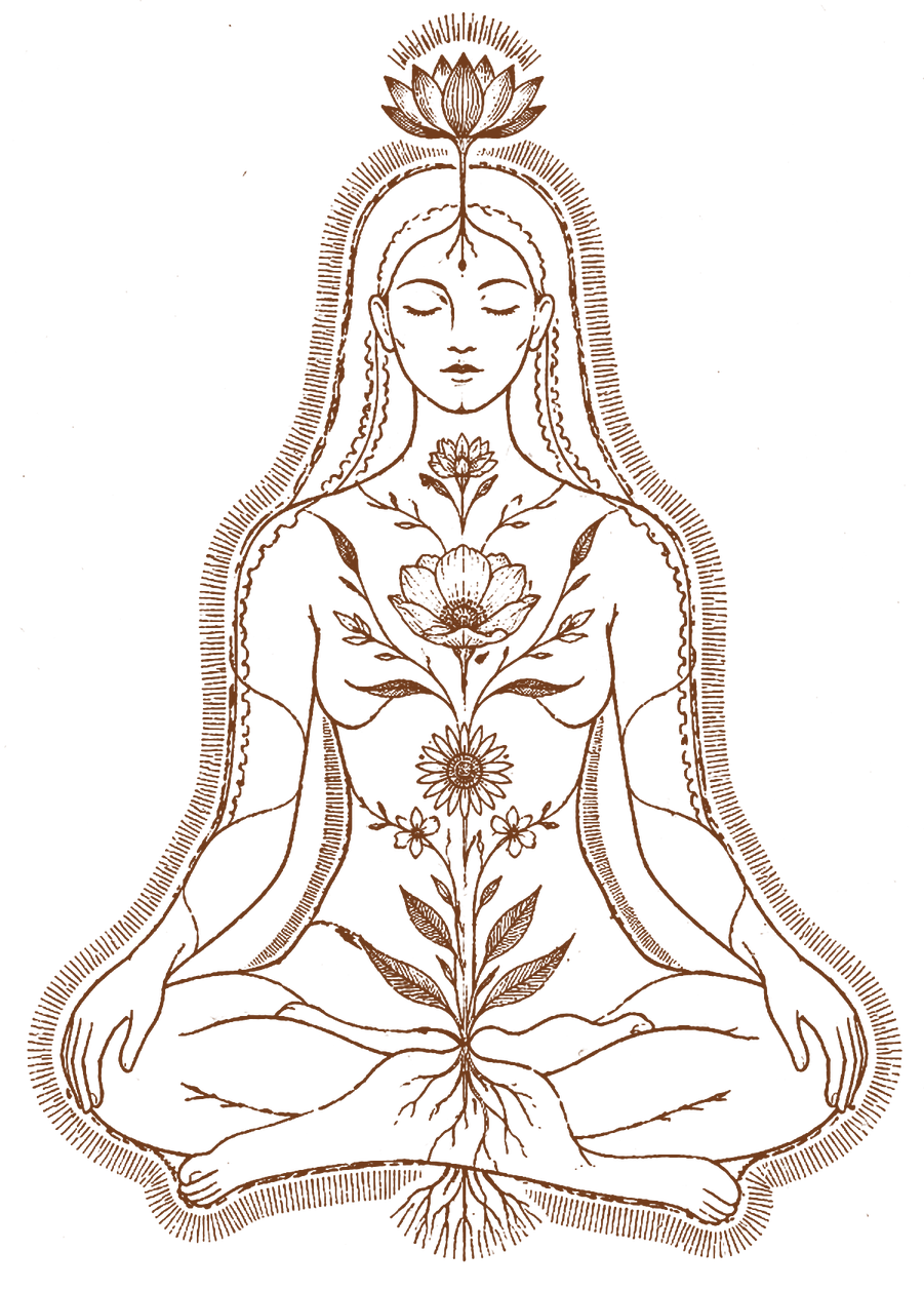 A line drawing of a woman seated in meditation, a lotus above her head and flowers growing from her heart